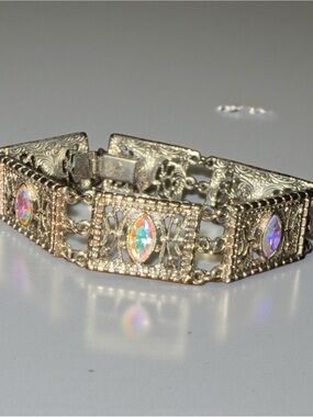 Aurora Borealis Marquise Crystal Filigree Bracelet - Silver Tone